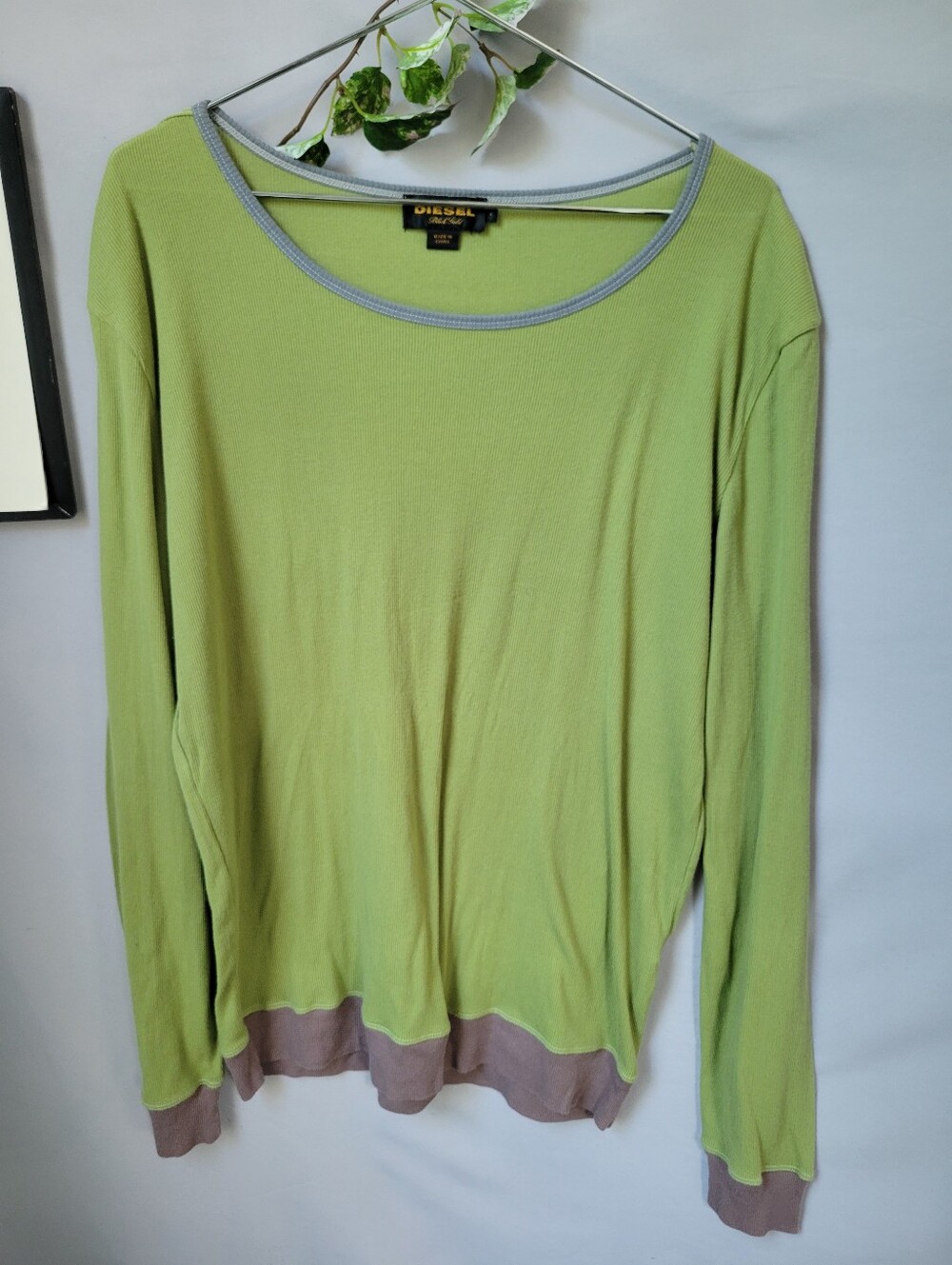 Diesel Black Gold Ribbed Pullover Tee Green Gray L